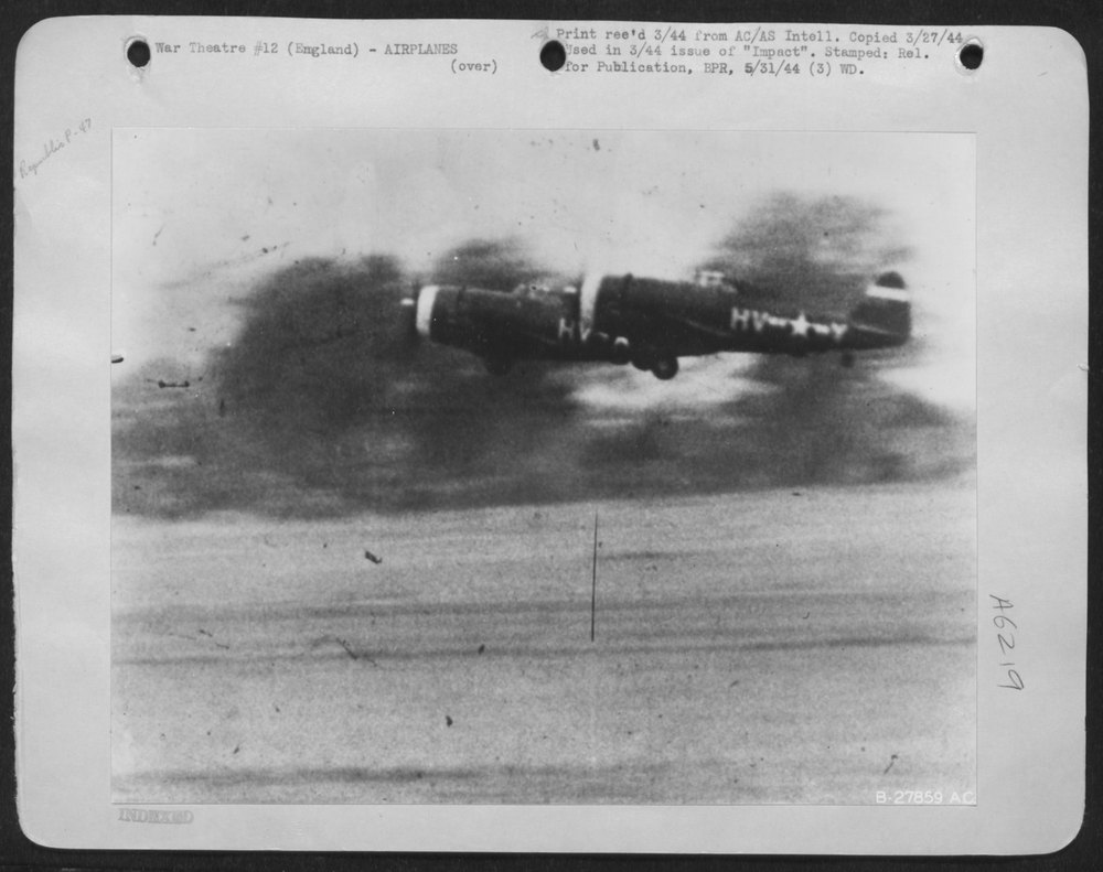 England-take-off of Republic P-47's is by two's. On wide grass field