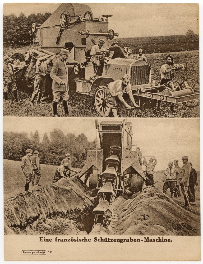 French trench digging machine in field operation