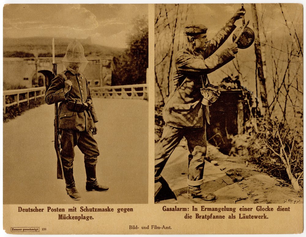 German sentry in a protective mask against mosquitoes