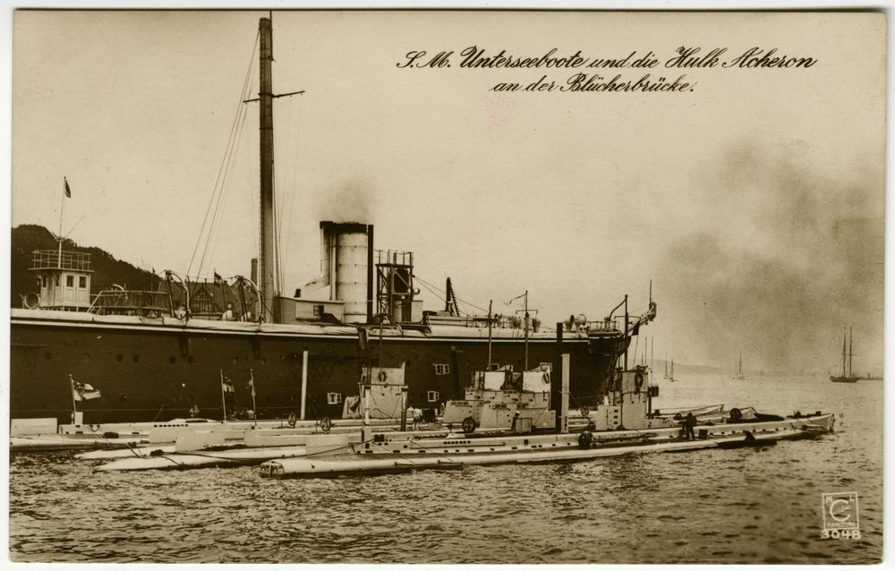German submarines and the hulk Acheron at the Blücherbrücke, Kiel