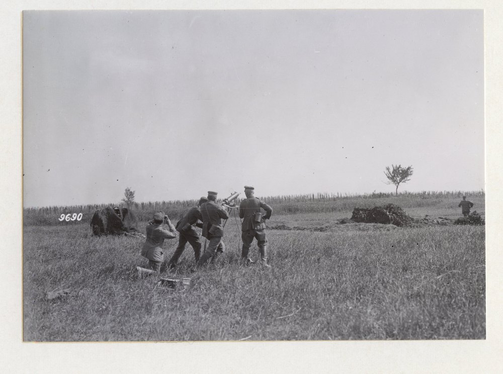 Guns camouflaged against aerial reconnaissance. Machinegun used for anti-aircraft defense, The Winterberg offensive