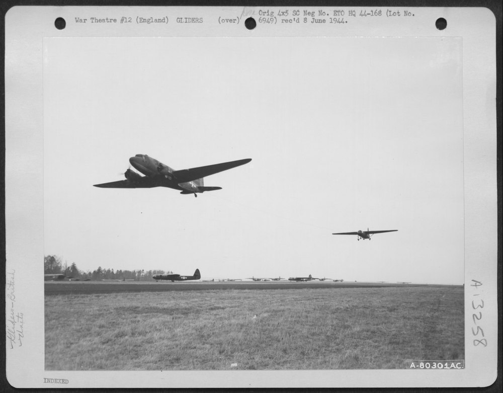 Horsa glider towed by C-47 at Berks