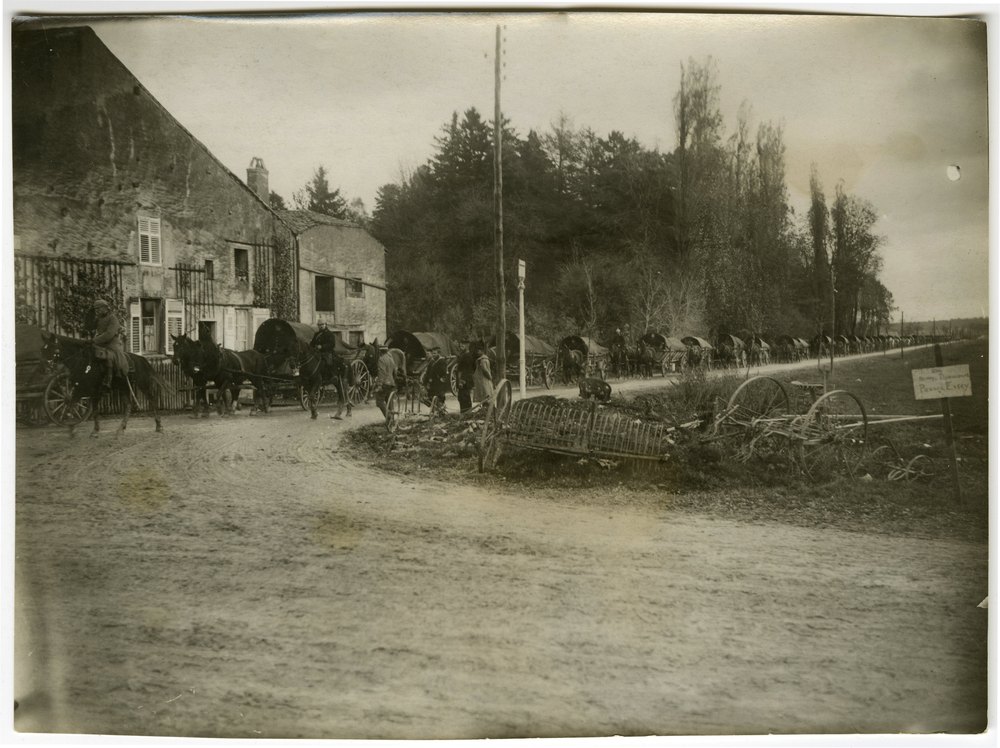 Horse-drawn covered wagons on a dirt road