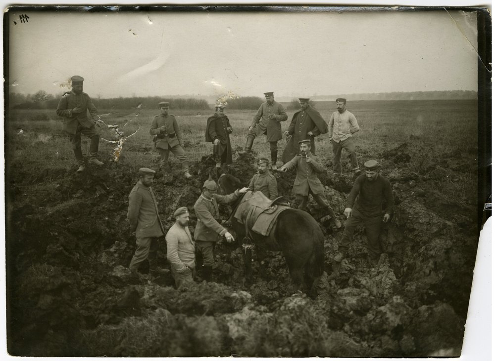 Horse stuck in muddy trench with soldiers