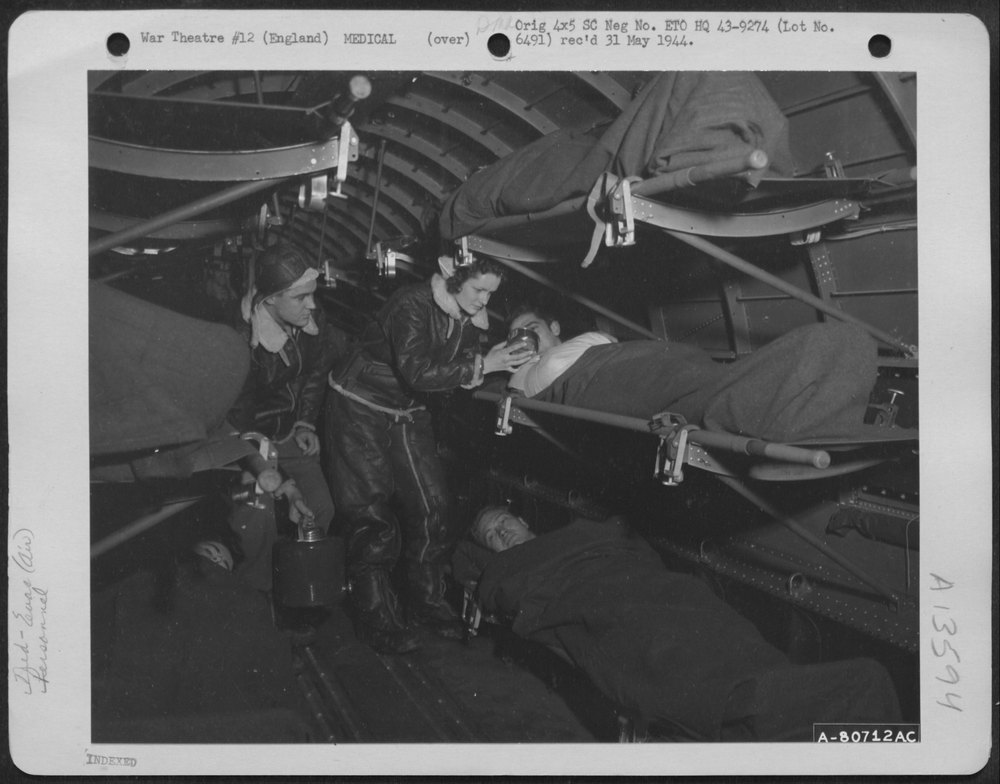 Inside one of the Douglas C-47 Air Evacuation Planes, 2nd Lt. Dorothy