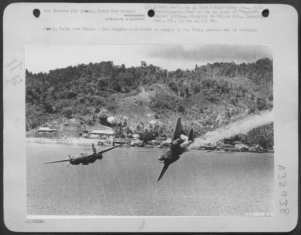 Karas, Dutch New Guinea-One Douglas A-20 Havoc is caught by Japanese