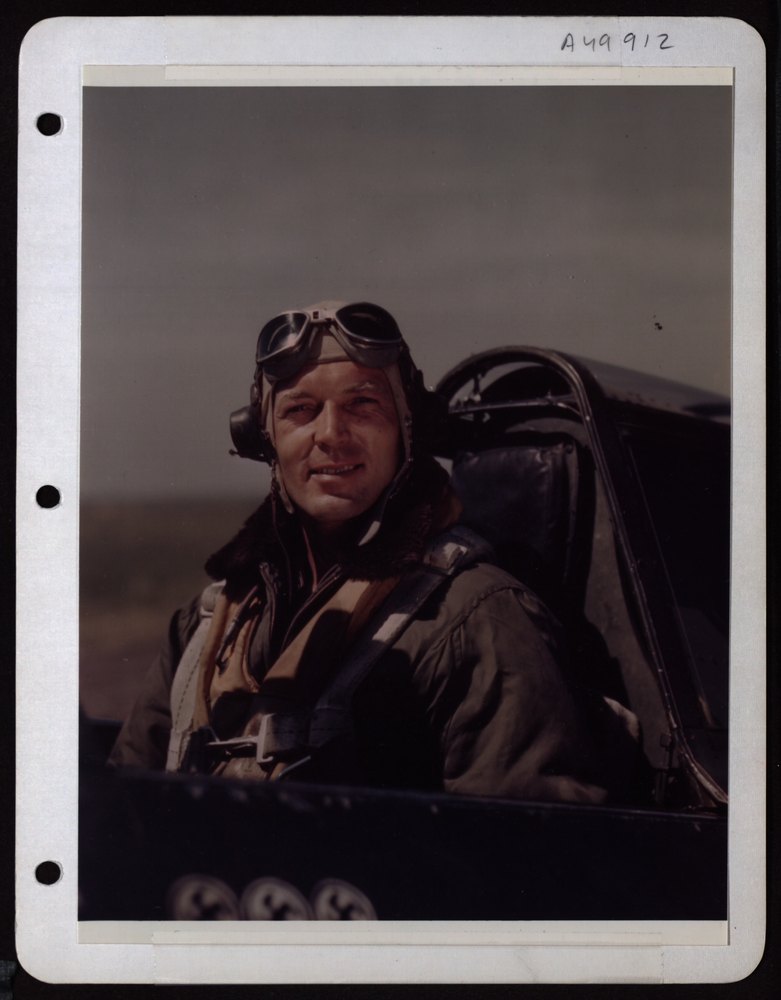 Lt Kerns in P-47 cockpit Italy