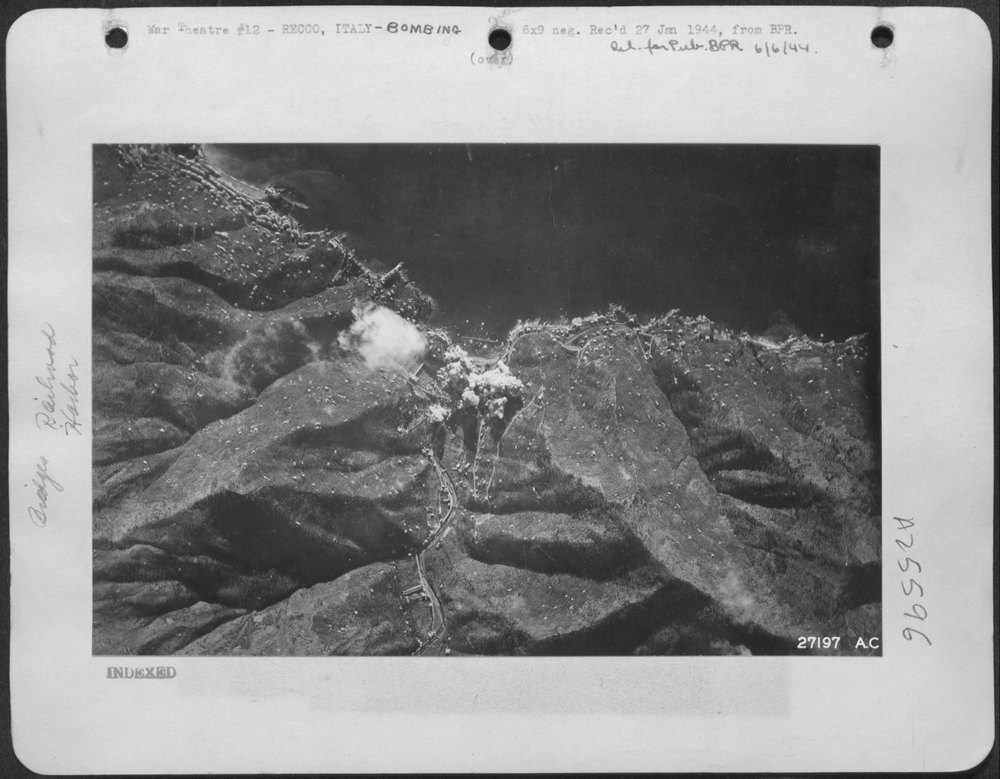Marauders strike home, as the railroad viaduct at Recco, Italy, south