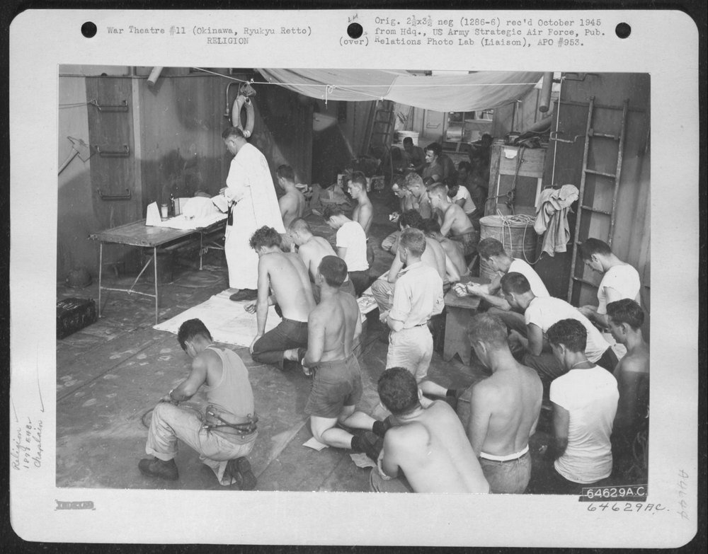 Men of 1878th Engineer Aviation Battalion en route to Okinawa