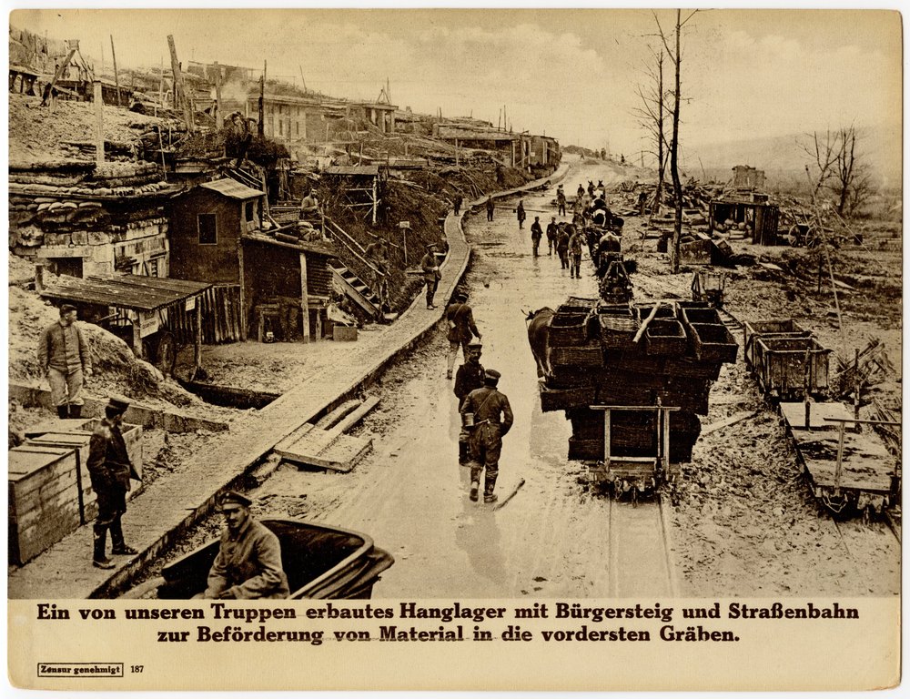 Military camp with narrow-gauge railway and wooden huts