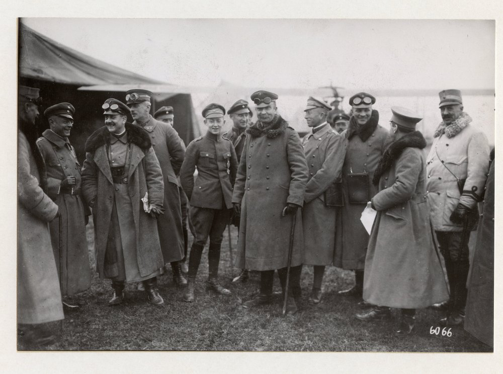 Neutral military attaches on a visit to a combat squadron on the Piave front. General von Hofacker in a group of military attaches