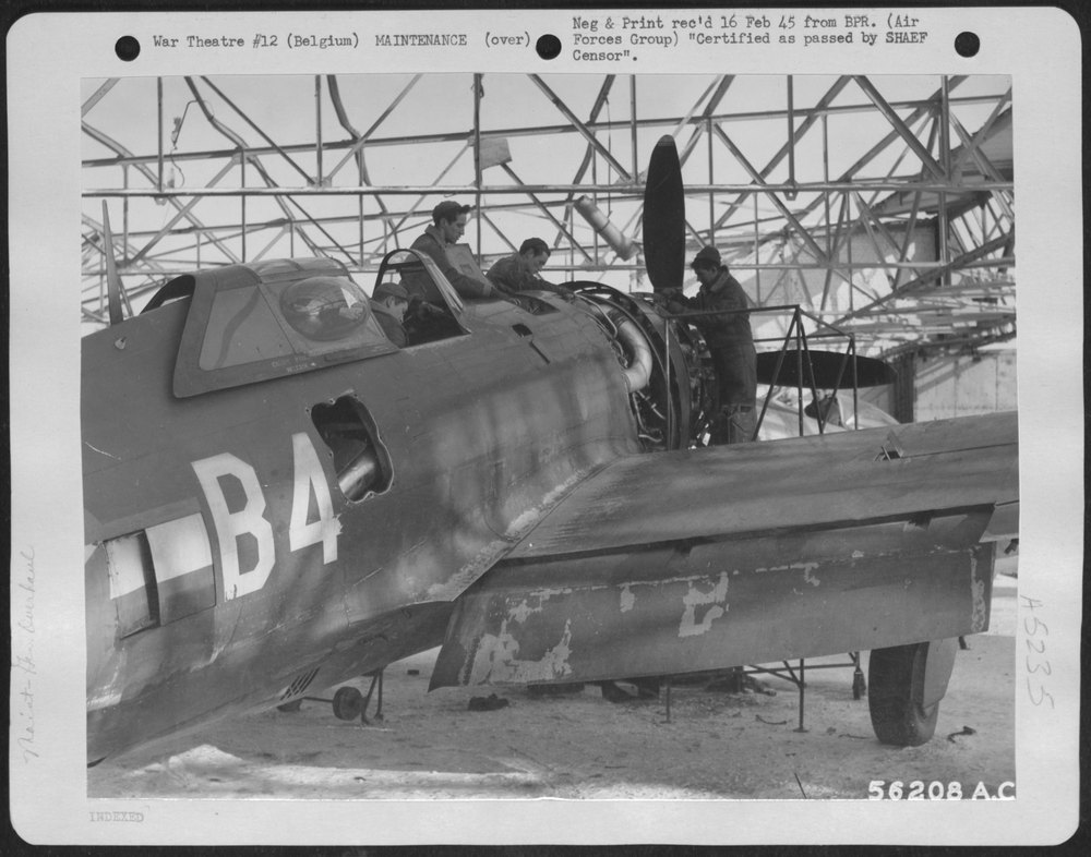 P-47 Thunderbolt in blasted hangar