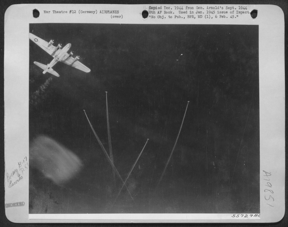 P-51 Mustangs over B-17 bound for Merseburg