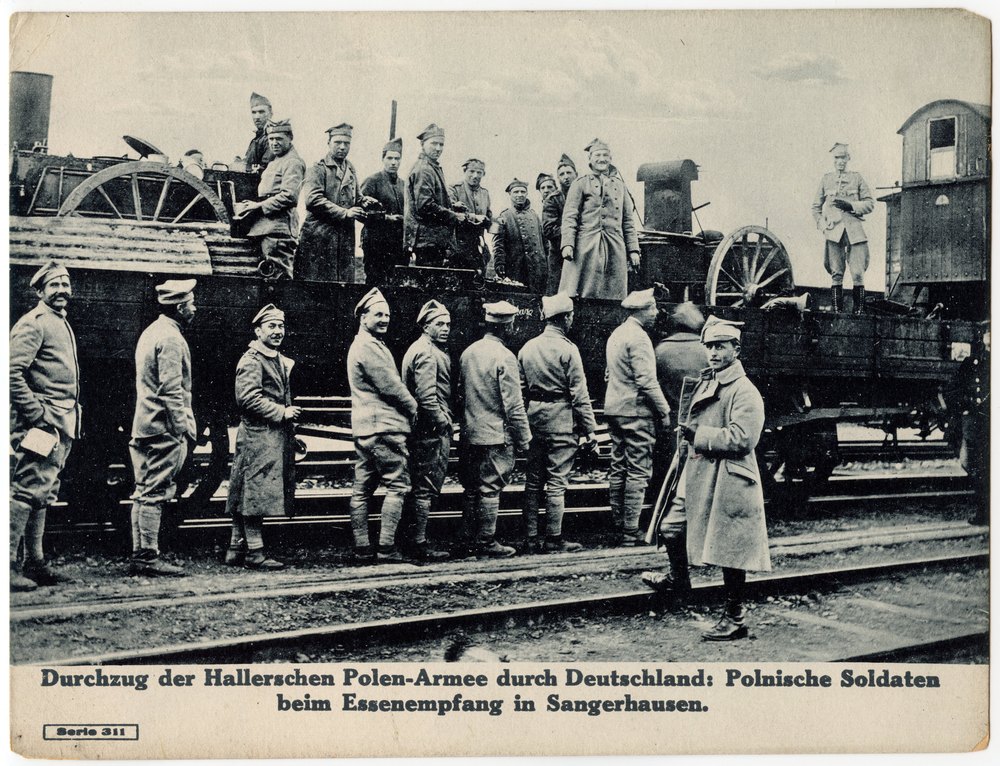 Polish soldiers on steam locomotive at Sangerhausen