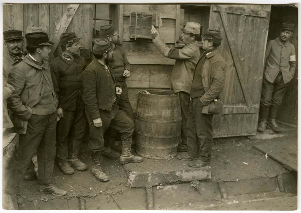Prisoners with sparrows in a wire cage