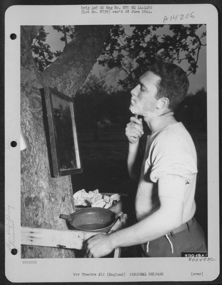 Sgt Harry Williams shaves at Kent airbase