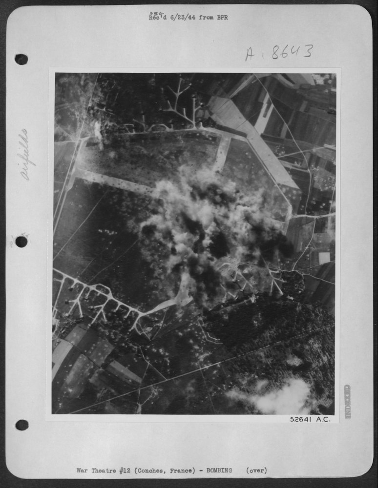 Showing signs of previous attacks, the Nazi airdrome at Conches