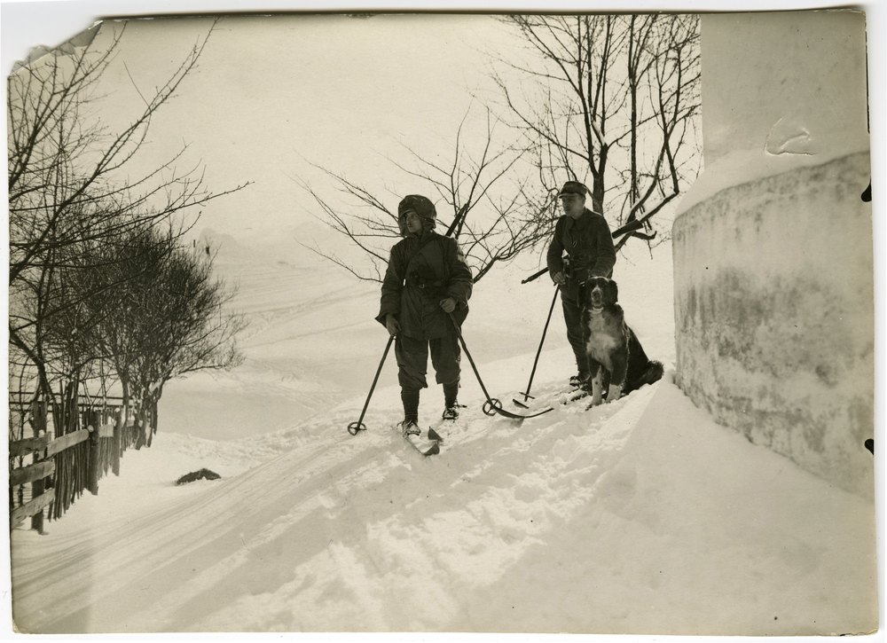 Ski patrol with dog in snowy landscape