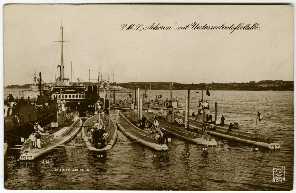 SMS Acheron with a submarine flotilla (U 5, U 11, U 13 marked on the card)