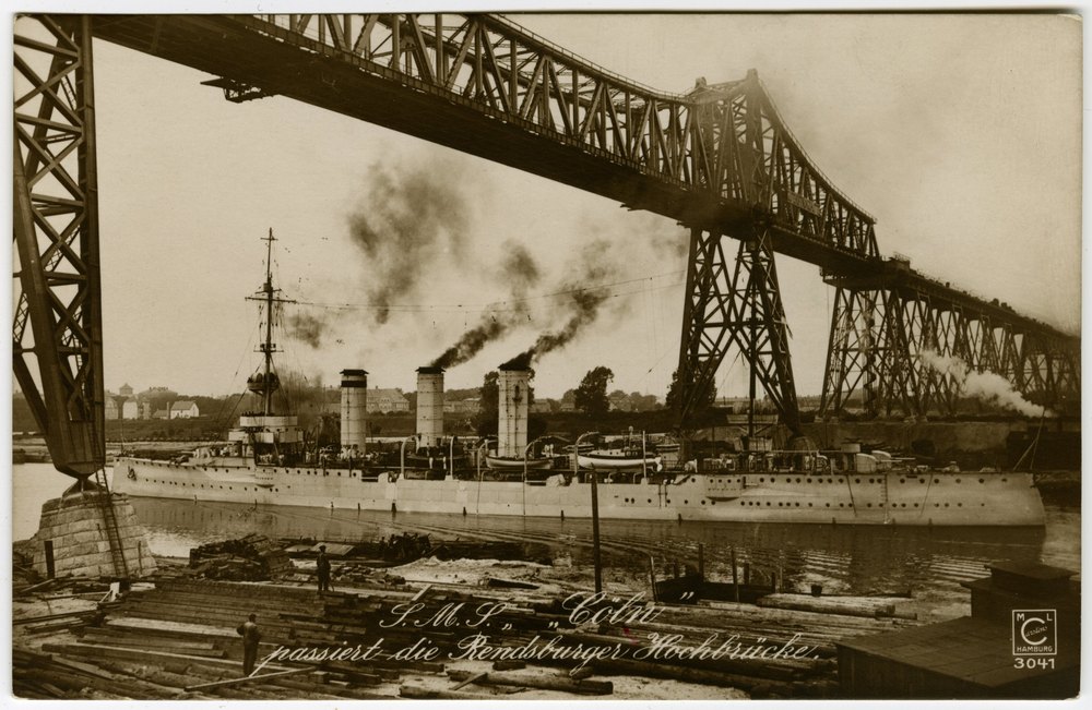 SMS Cöln passing the Rendsburg high bridge
