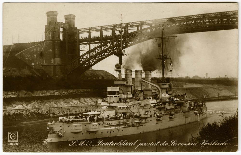 SMS Deutschland passing the Levensau high bridge