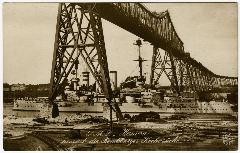 SMS Hessen passing the Rendsburg high bridge