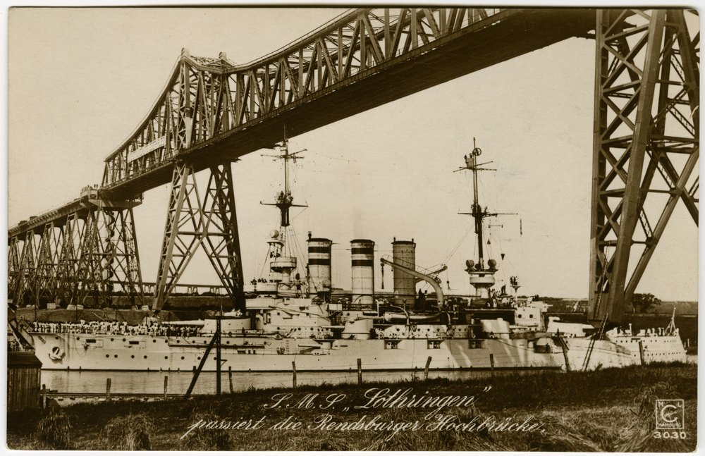 SMS Lothringen passing the Rendsburg high bridge