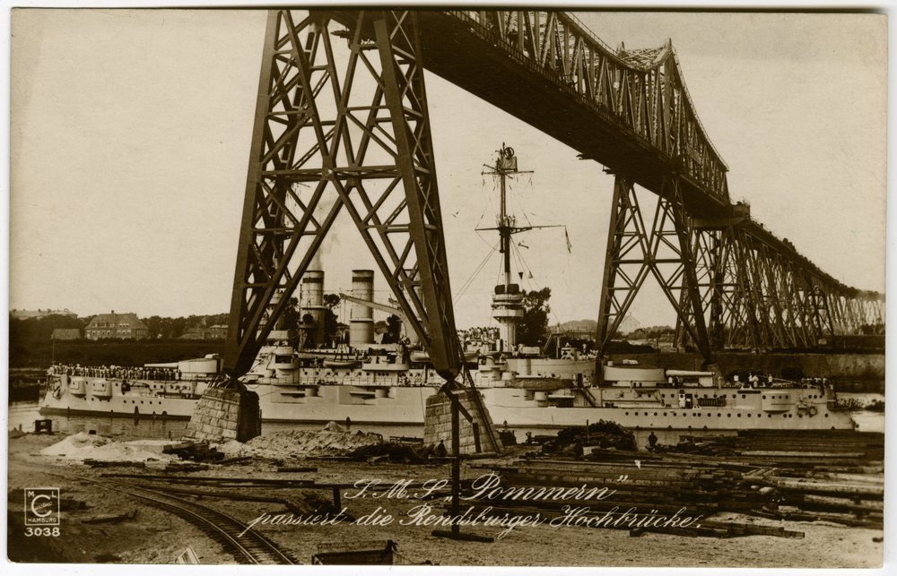 SMS Pommern passing the Rendsburg high bridge