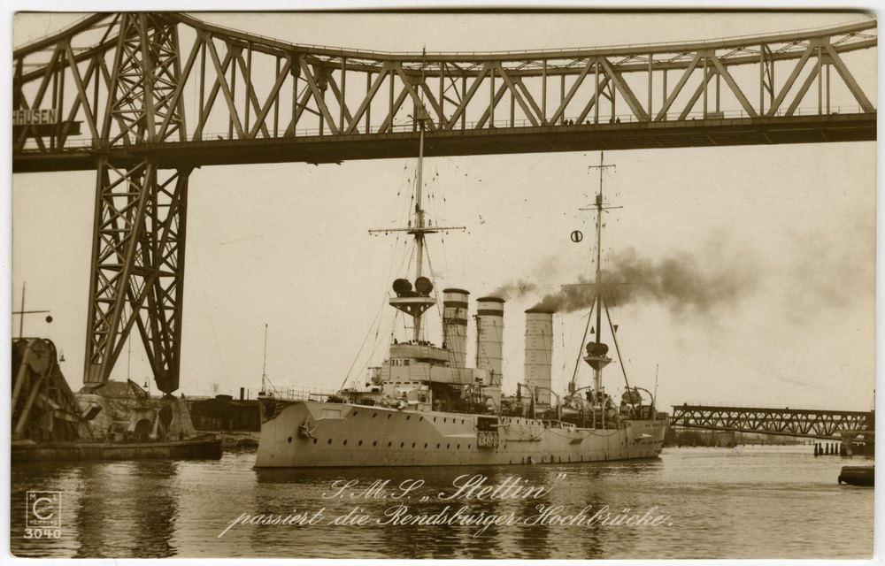 SMS Stettin passing the Rendsburg high bridge