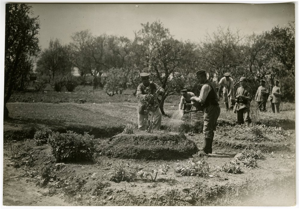 Soldaten in a garden watering and digging