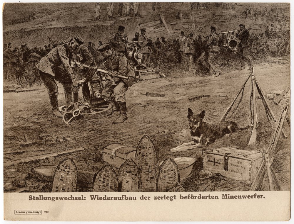 Soldiers assembling trench mortars in a field
