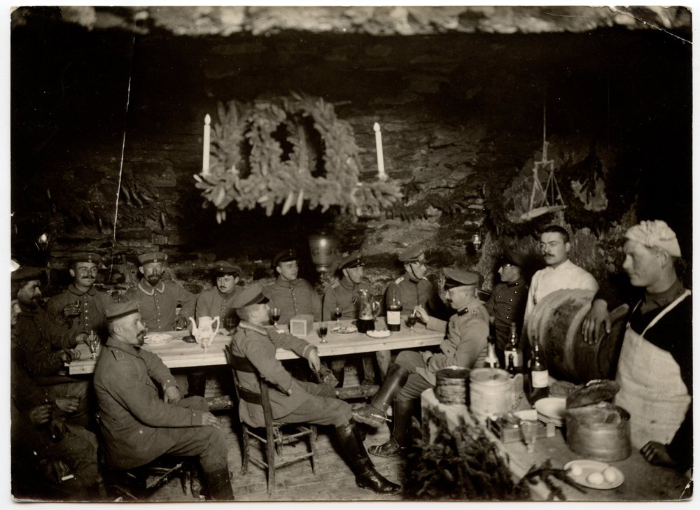 Soldiers in a French chateau cellar
