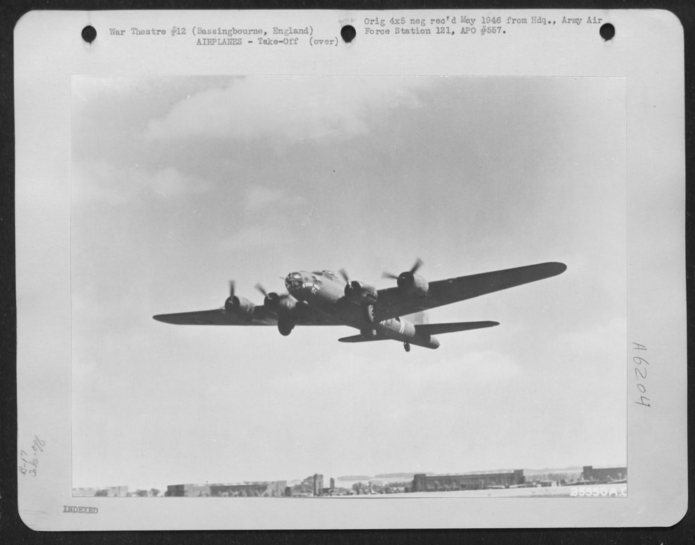 The Boeing B-17 Flying ofrtress "STRIC NINE" takes off from the 91st