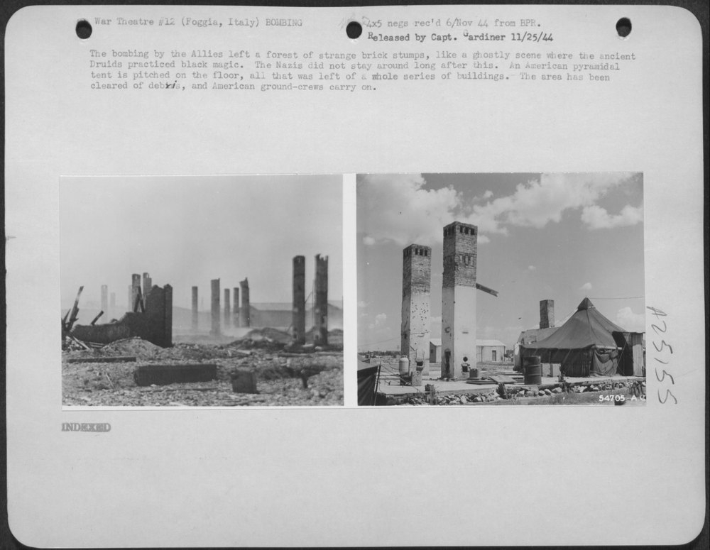 The bombing by the Allies left a forest of strange brick stumps, like