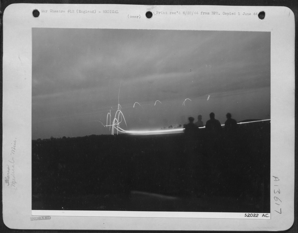 The camera catches a stark and dramatic picture on an 8th AAF Flying