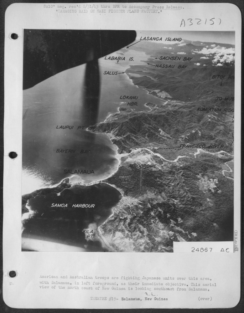 This aerial view of the north coast of New Guinea is looking
