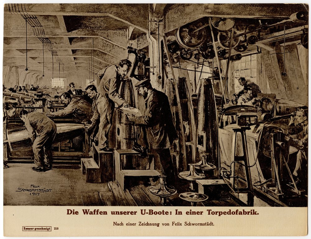 Torpedo factory interior with workers and machinery