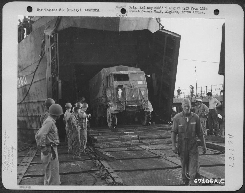 Truck rolls off LST in Sicily