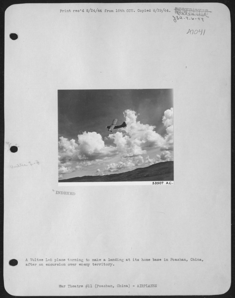 Vultee L-5 landing in Poashan