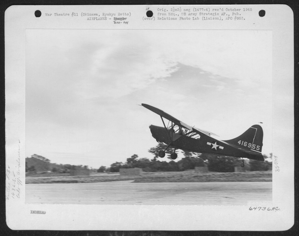 Vultee L-5 takes off on Okinawa