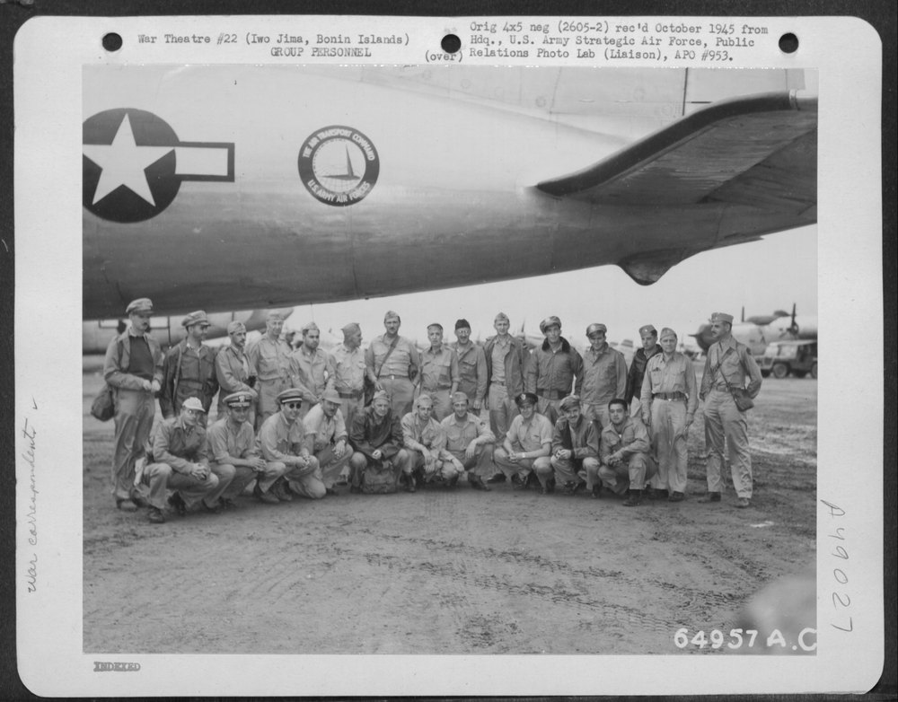 War correspondents in Douglas C-54 at Iwo Jima