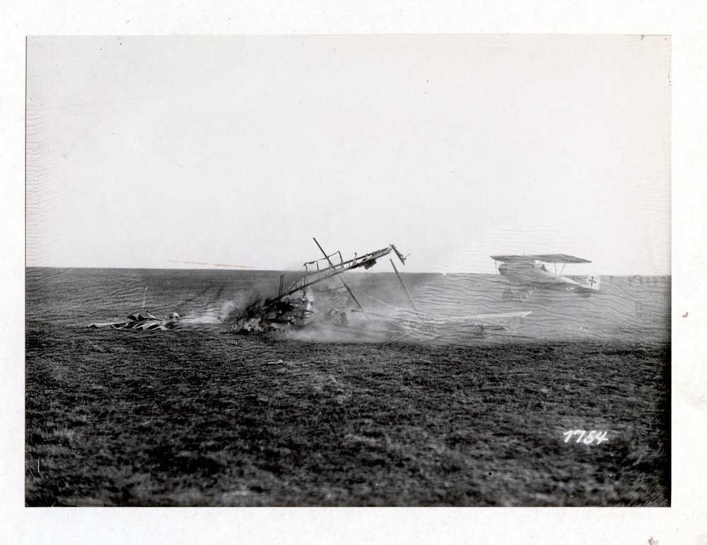 With a pursuit squadron in the West. Crashed French aircraft burning. In the background the German victor. Champagne