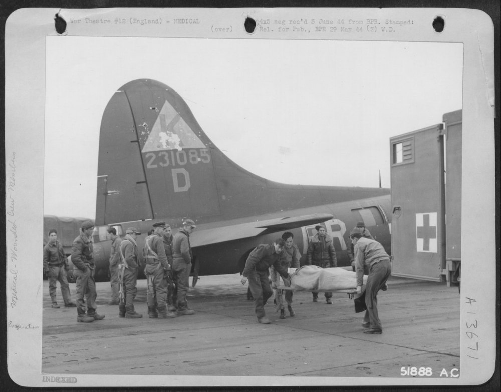 Wounded tail gunner at 8th AAF base